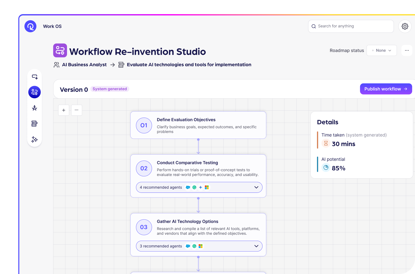 Reejig Workflow Re-invention Studio showing AI-generated workflow steps with recommended agents.
