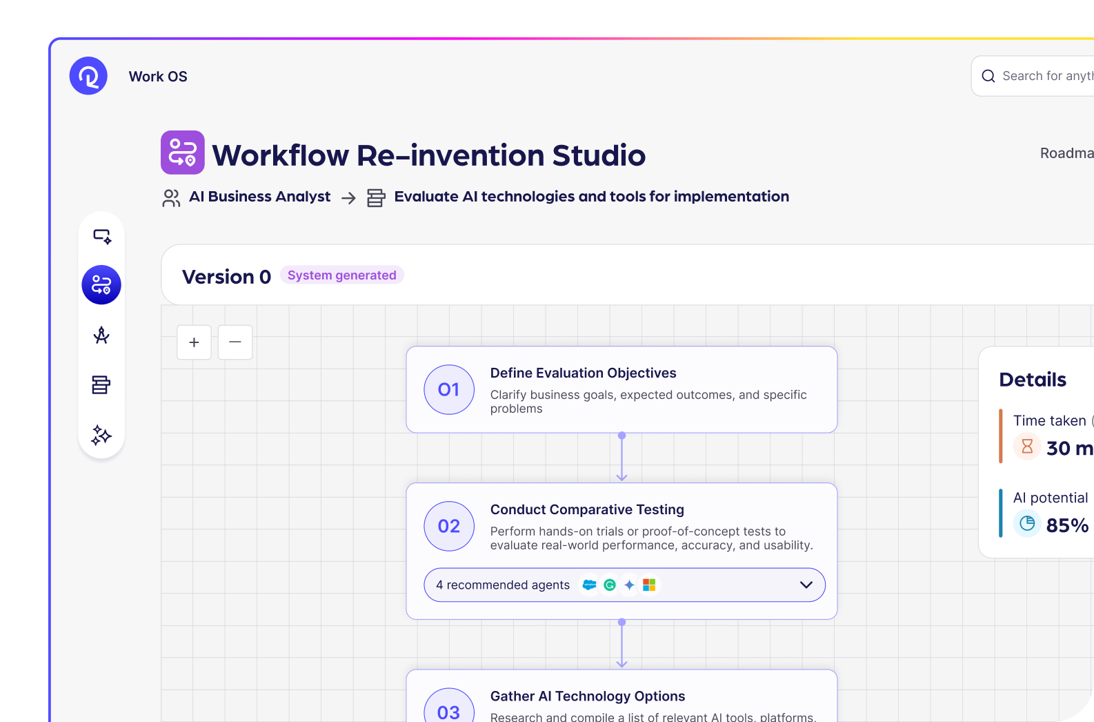Reejig Workflow Re-invention Studio showing AI-generated workflow steps with recommended agents.