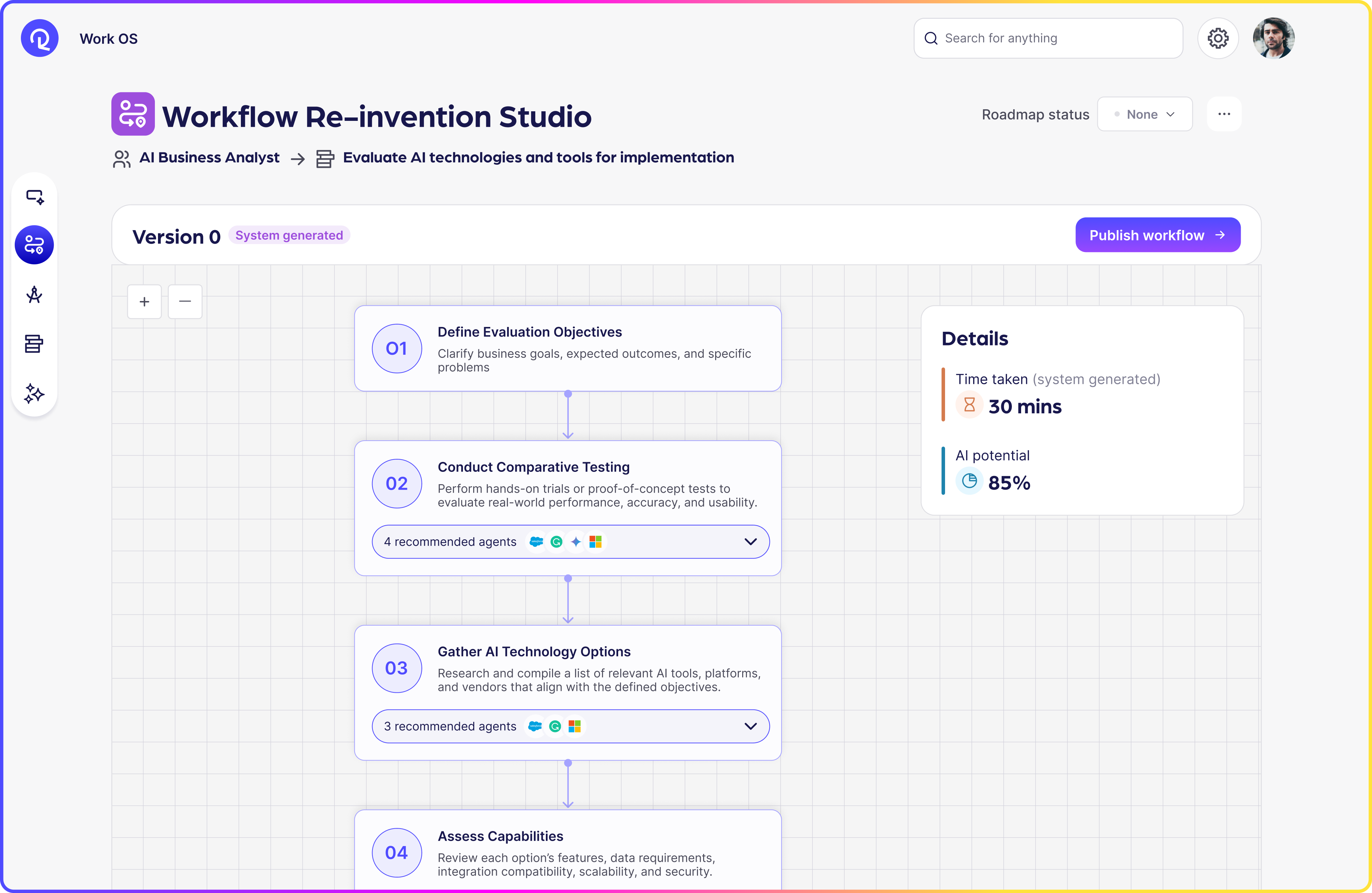 Reejig Builder Studio Workflow Re-invention Studio with workflow steps, recommended agents, and AI potential details.