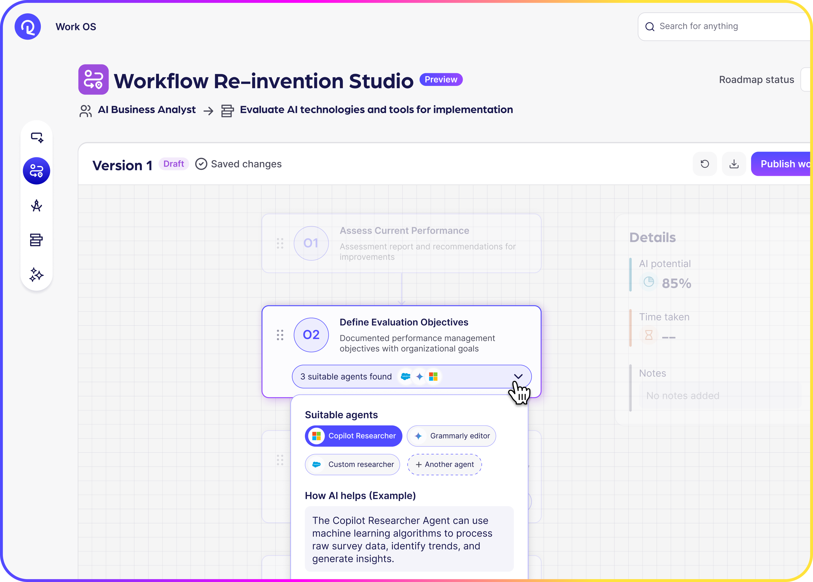Reejig Builder Studio workflow step with suitable agents panel showing agent orchestration and AI potential.