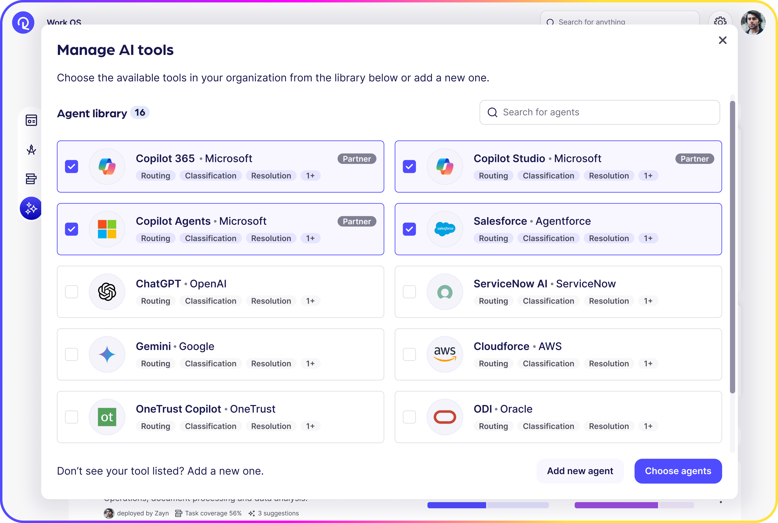 Reejig Manage AI Tools panel showing agent library with 16 agents including Copilot 365, Copilot Studio, ChatGPT, Salesforce Agentforce, Gemini, ServiceNow AI, OneTrust Copilot, Cloudforce, and Oracle DDI