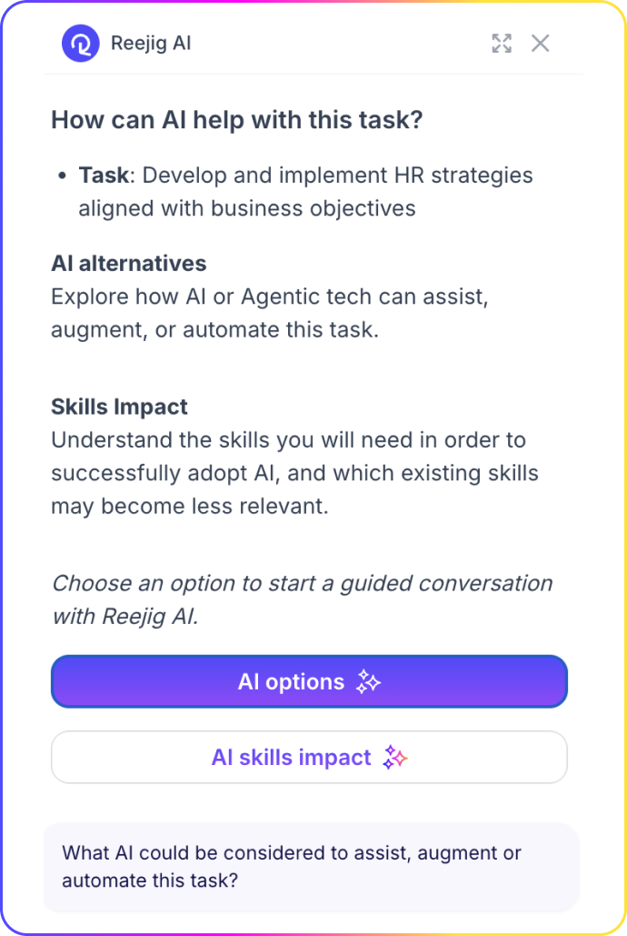 Reejig AI assistant suggesting AI alternatives and skills impact options for a task