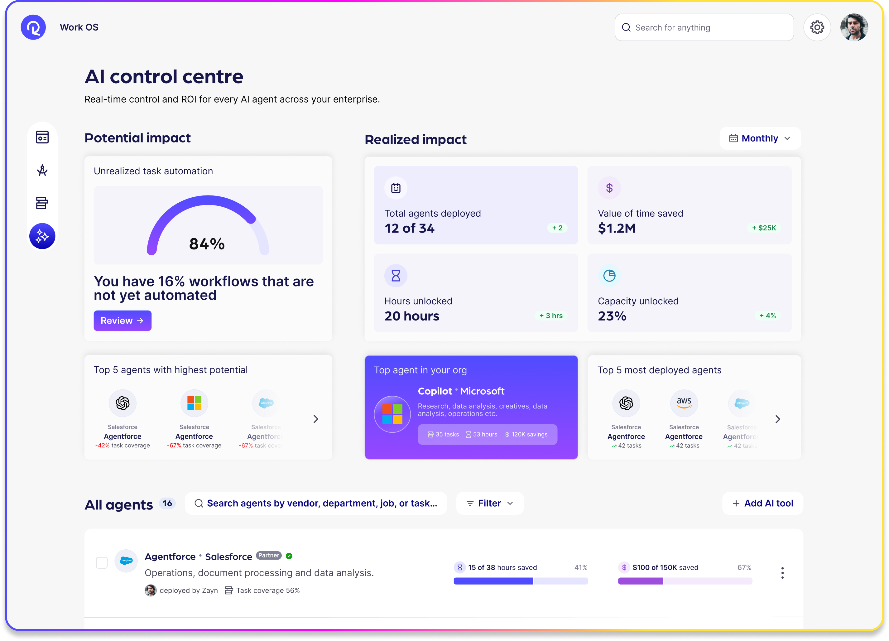 Reejig AI Coordination Centre showing Functional Input and Realised Input panels with agent performance metrics and a highlighted action button.