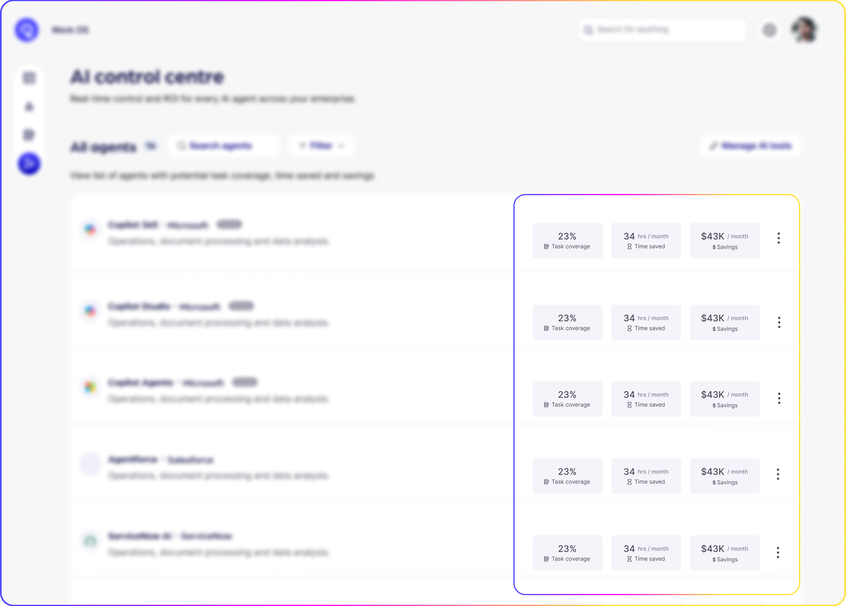 Reejig AI control centre (Stage Five: Measure) all agents view showing task coverage, time saved, and savings metrics per agent.
