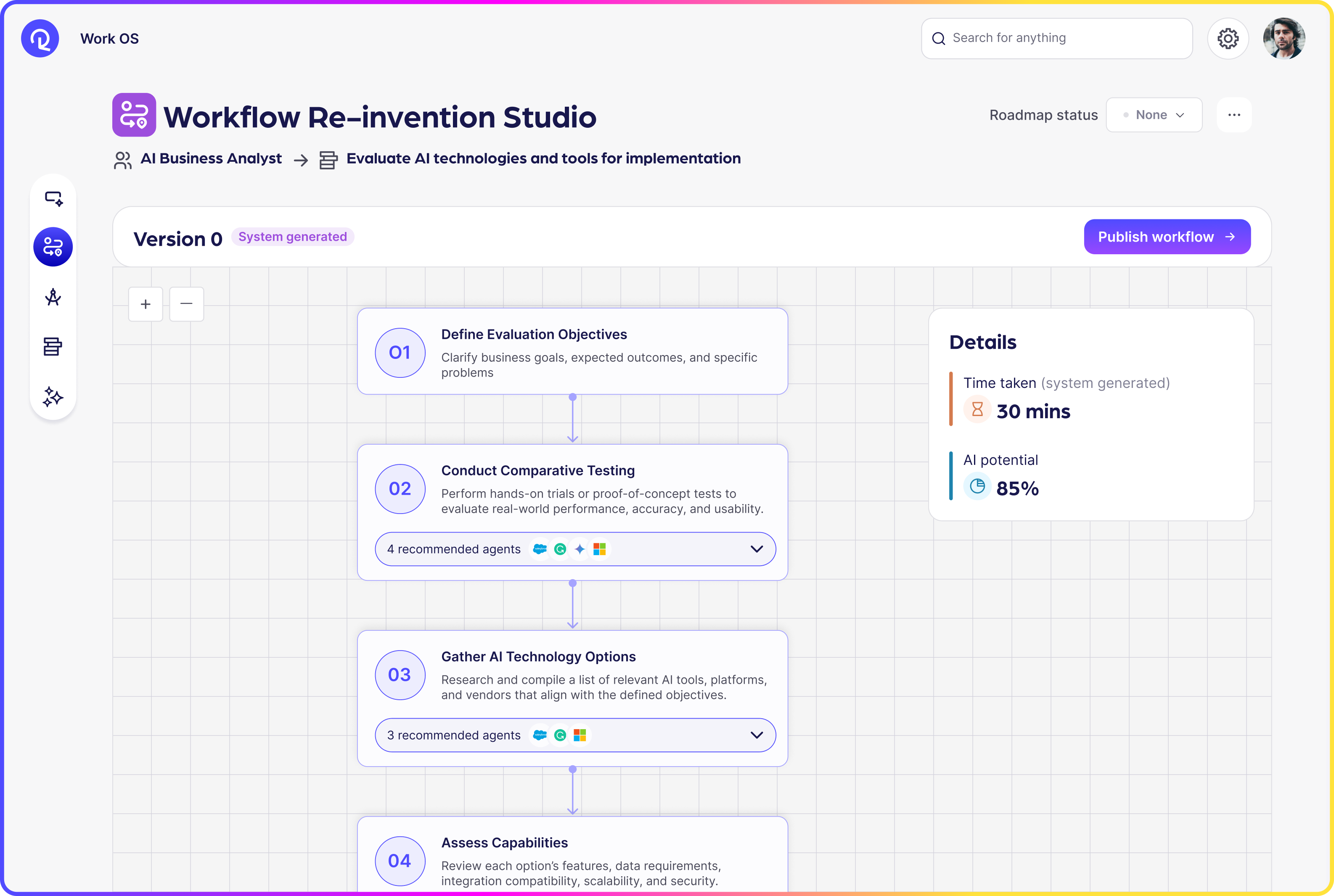 Reejig Builder Studio Workflow Re-invention Studio with workflow steps, recommended agents, and AI potential details.