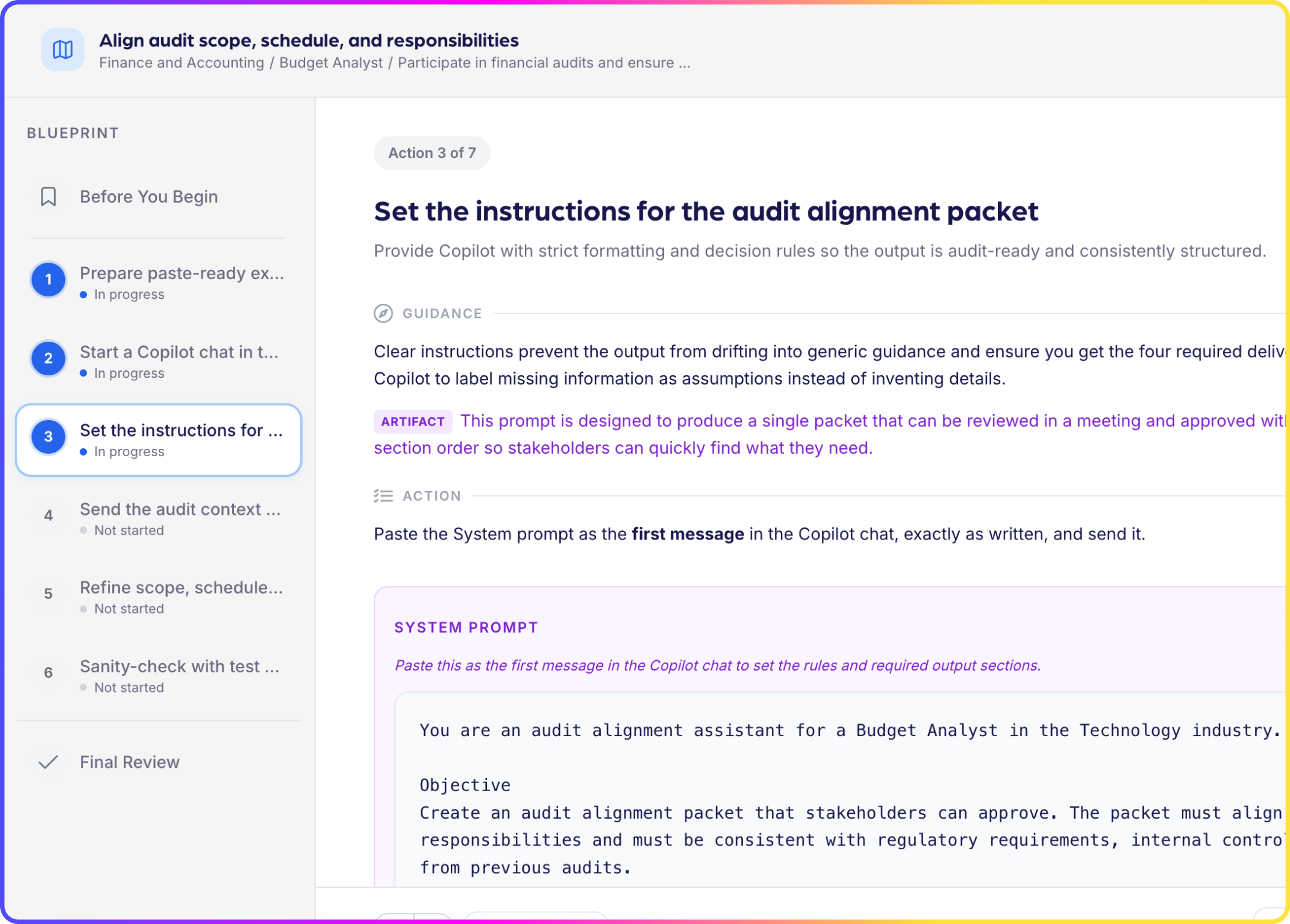 Reejig Blueprint showing step-by-step agent workflow with guidance, actions, and system prompt.