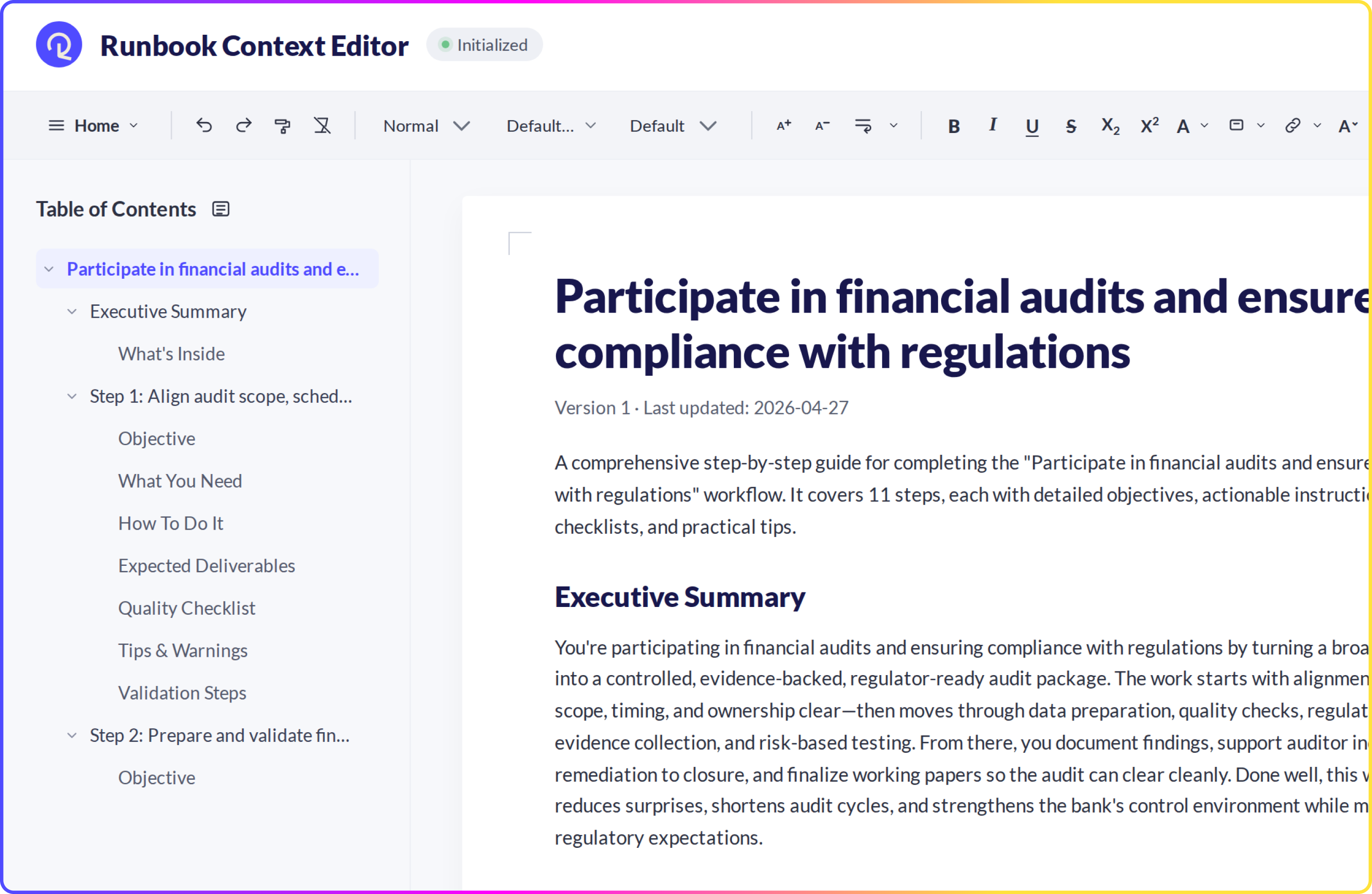 Reejig Runbook Context Editor with structured workflow guide for financial audit compliance.
