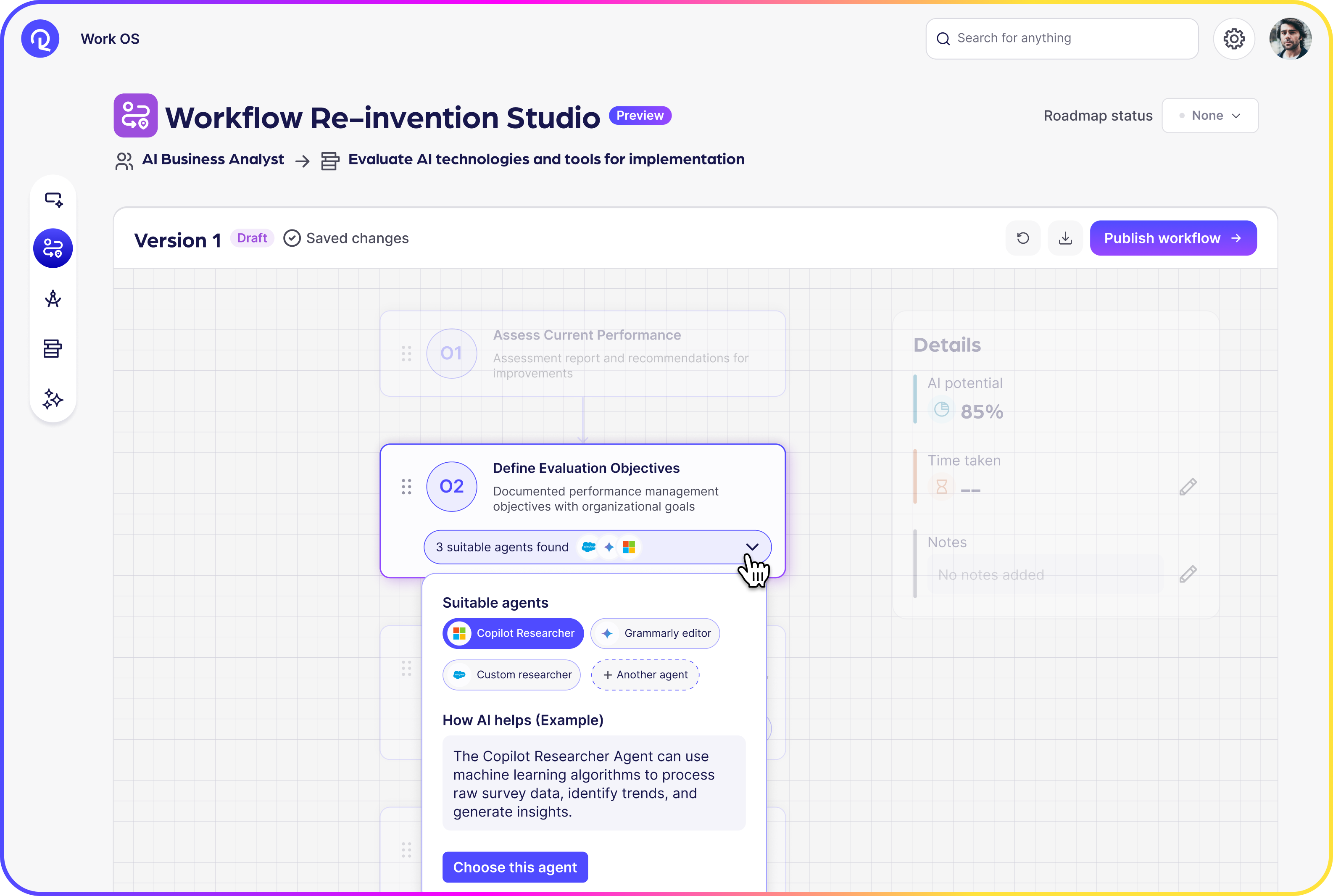 Reejig Builder Studio workflow step with suitable agents expanded showing agent orchestration options.
