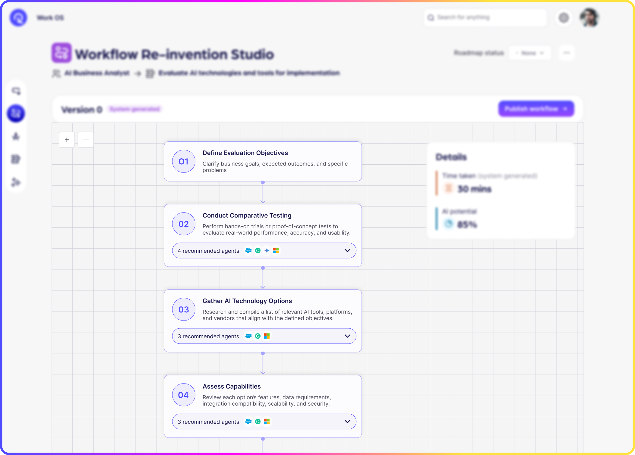 Reejig Workflow Re-invention Studio showing AI-generated workflow steps with recommended agents.